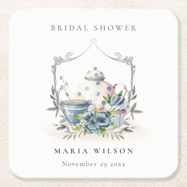 Cute Aqua Blue Floral Teapot Crest Bridal Shower Square Paper Coaster (Front)
