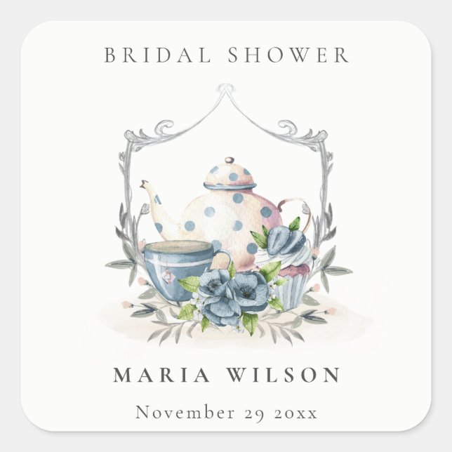 Cute Aqua Blue Floral Teapot Crest Bridal Shower Square Sticker (Front)
