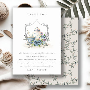 Cute Aqua Blue Floral Teapot Crest Bridal Shower Thank You Card