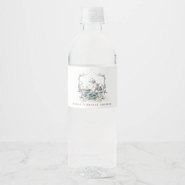  Cute Aqua Blue Floral Teapot Crest Bridal Shower Water Bottle Label (Front)