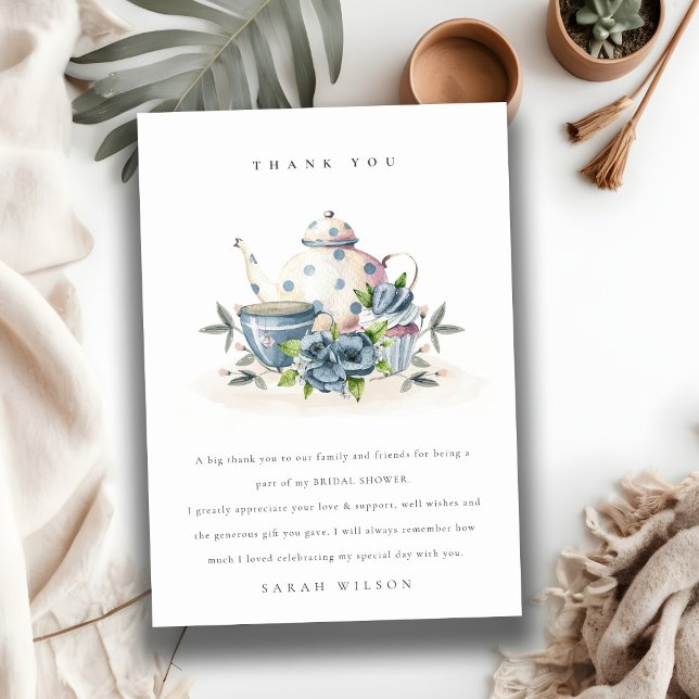 Cute Aqua Blue Floral Teapot Crups Bridal Shower Thank You Card (Creator Uploaded)