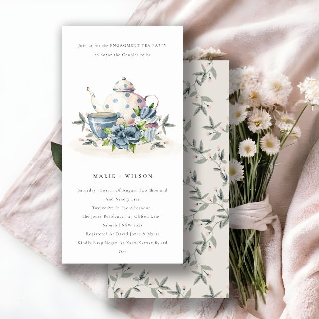 Cute Aqua Blue Floral Teapot Cup Engagement Invite (Creator Uploaded)