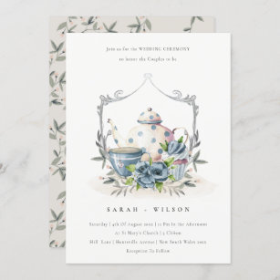 Cute Aqua Blue Floral Teapot Cup Wedding Invite