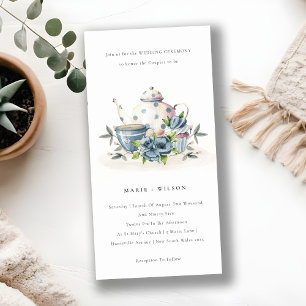 Cute Aqua Blue Floral Teapot Cup Wedding Invite