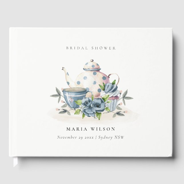 Cute Aqua Blue Floral Teapot Cups Bridal Shower Guest Book (Front)