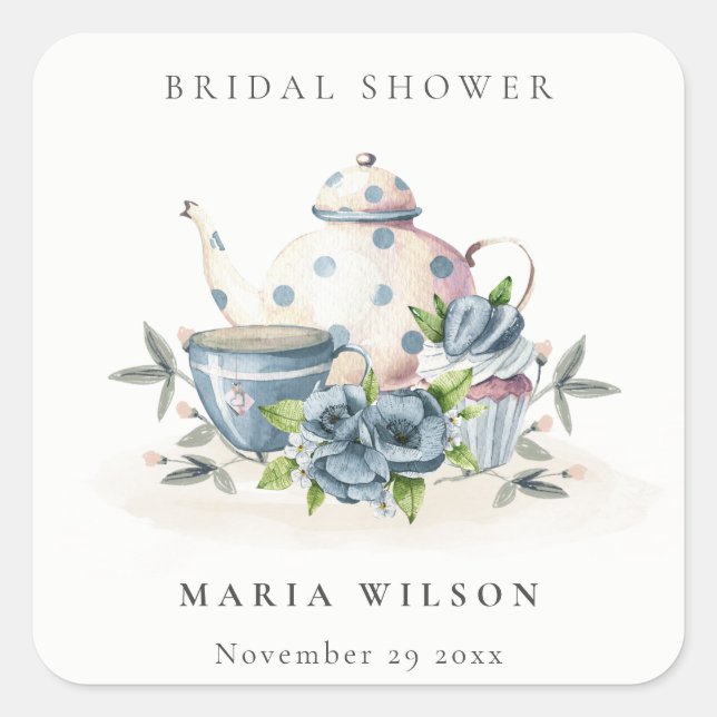 Cute Aqua Blue Floral Teapot Cups Bridal Shower Square Sticker (Front)