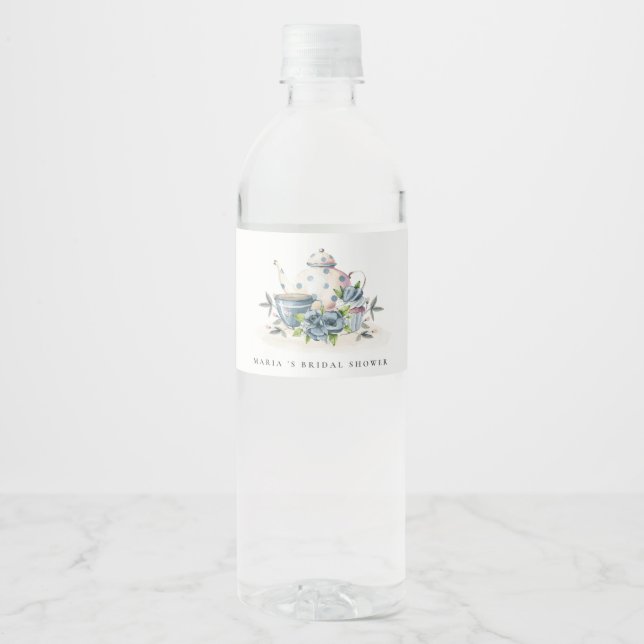  Cute Aqua Blue Floral Teapot Cups Bridal Shower Water Bottle Label (Front)