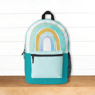 Cute Aqua Blue Gold Glitter Rainbow w/ Name Kids Printed Backpack
