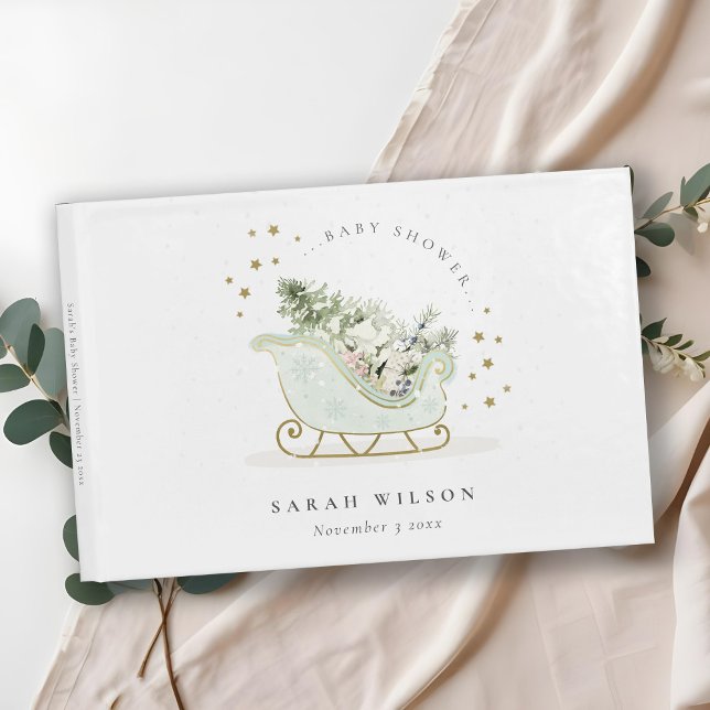 Cute Aqua Blue Gold Winter Sleigh Baby Shower Guest Book (Creator Uploaded)