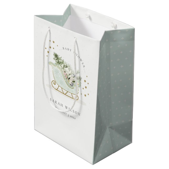 Cute Aqua Blue Gold Winter Sleigh Baby Shower Medium Gift Bag (Back Angled)