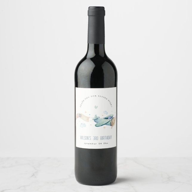 Cute Aqua Blue Green Plane Cloud Kids Birthday Wine Label (Front)