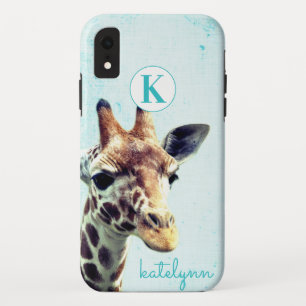 Cute Aqua Blue Peek-a-Boo Baby Giraffe Monogram iPhone XR Case