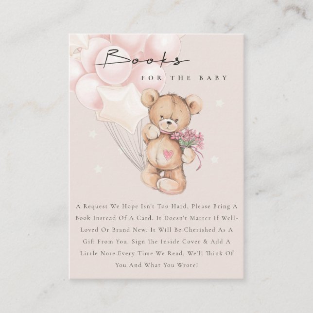 Cute Aqua Blush Bear Balloon Books For Baby Shower Enclosure Card (Front)
