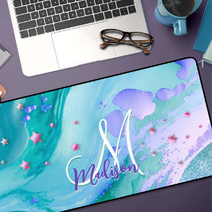 Cute aqua glitter purple marble art monogram desk mat