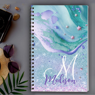 Cute aqua glitter purple marble art monogram notebook