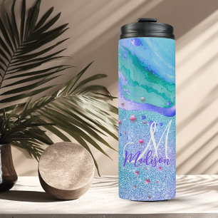 Cute aqua glitter purple marble art monogram thermal tumbler