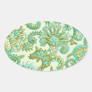 Cute Aqua Gold Paisley Floral Pattern Oval Sticker