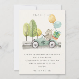 Cute Aqua Green Any Age Birthday Party Teddy Car Thank You Card