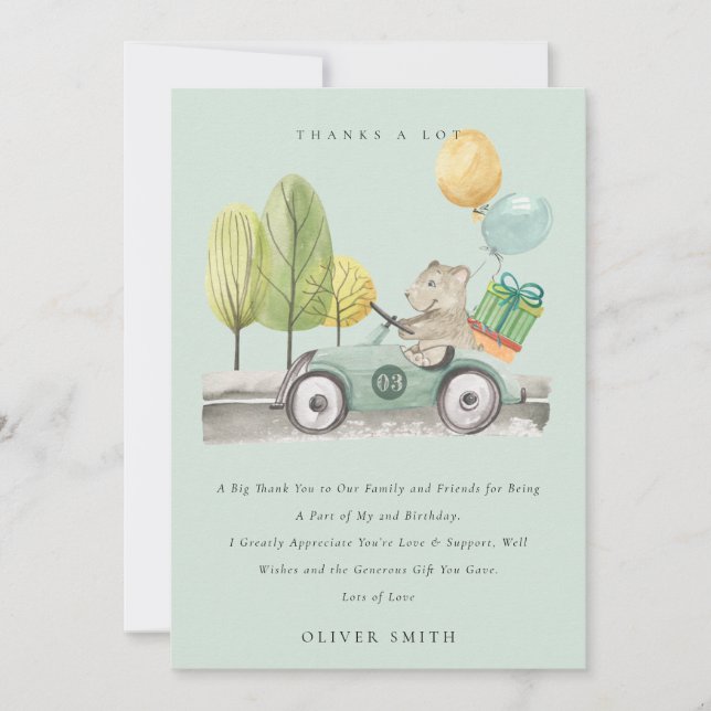 Cute Aqua Green Any Age Birthday Party Teddy Car Thank You Card (Front)