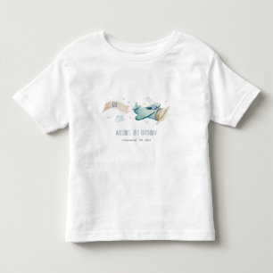 Cute Aqua Green Blue Kids Plane Clouds Birthday Toddler T-Shirt