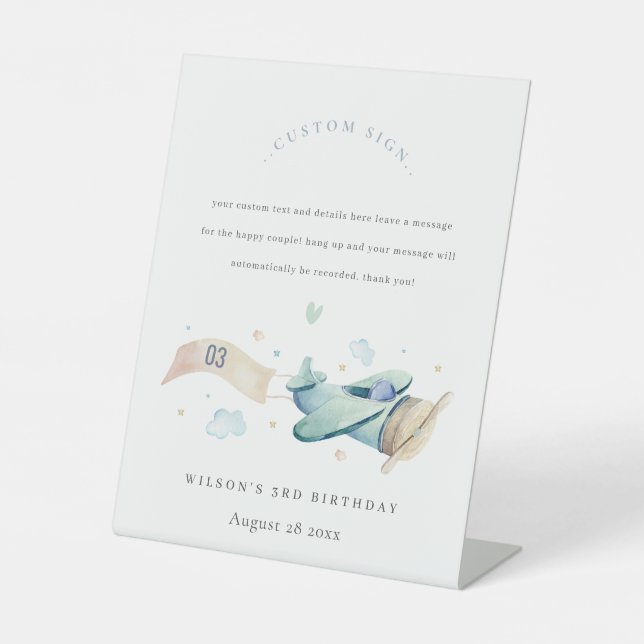 Cute Aqua Green Blue Plane Birthday Custom Party Pedestal Sign (Front)