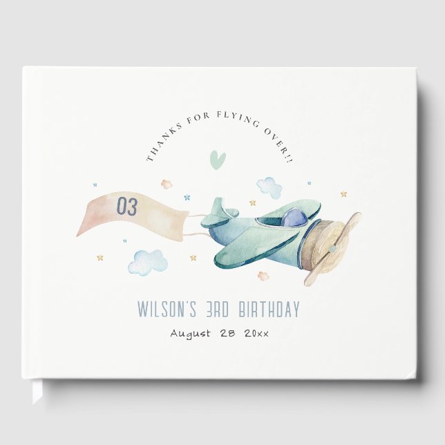 Cute Aqua Green Blue Plane Cloud Heart Birthday Guest Book (Front)