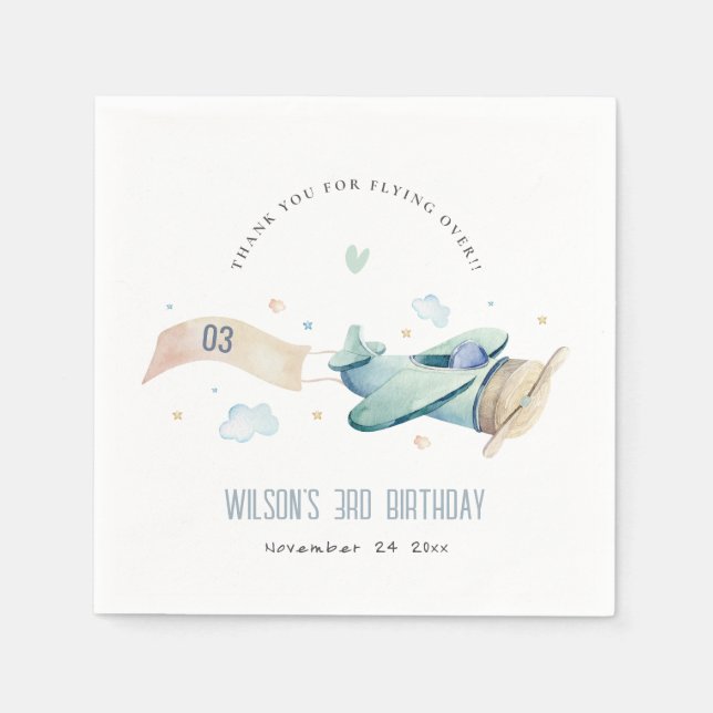 Cute Aqua Green Blue Plane Cloud Heart Birthday Napkin (Front)