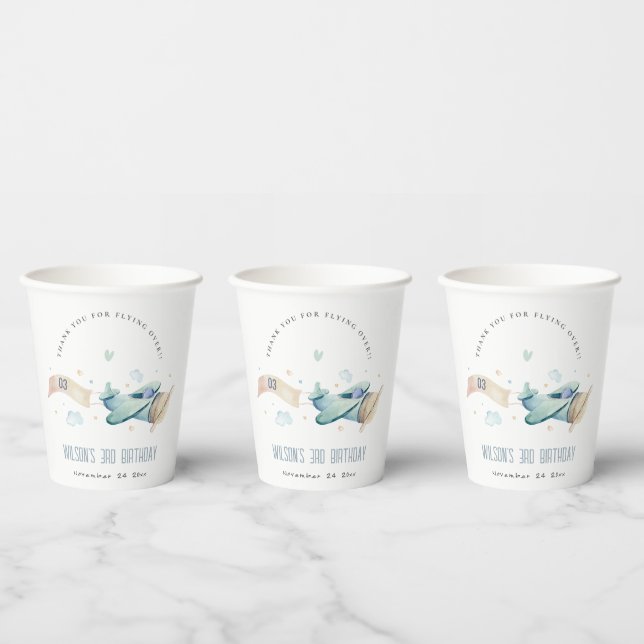 Cute Aqua Green Blue Plane Cloud Heart Birthday Paper Cups (Multi)