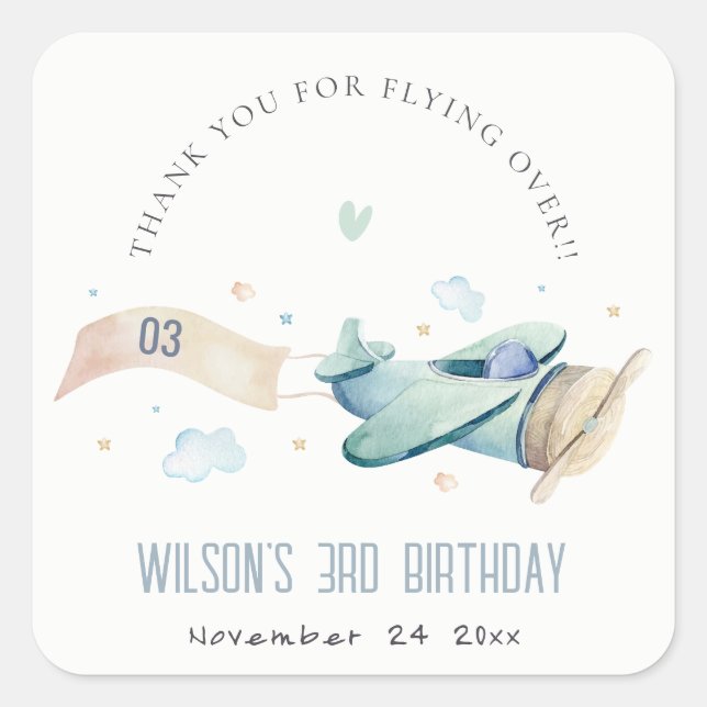 Cute Aqua Green Blue Plane Cloud Heart Birthday Square Sticker (Front)