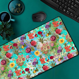 Cute aqua green elegant Floral pattern Desk Mat