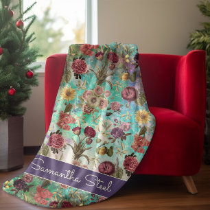 Cute aqua green elegant Floral pattern Fleece Blanket