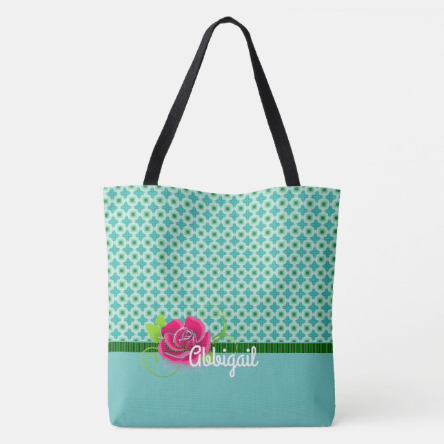 Cute Aqua & Green Pattern Pink Rose Personalised Tote Bag (Back)