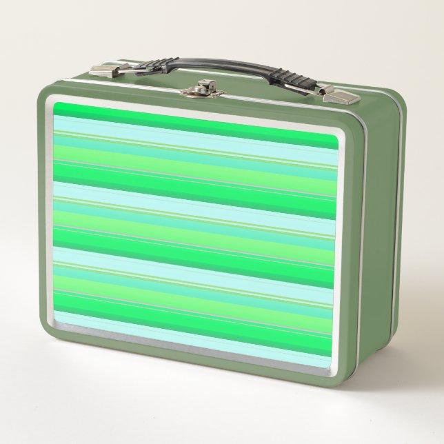 Cute aqua green stripes metal lunch box (Front)