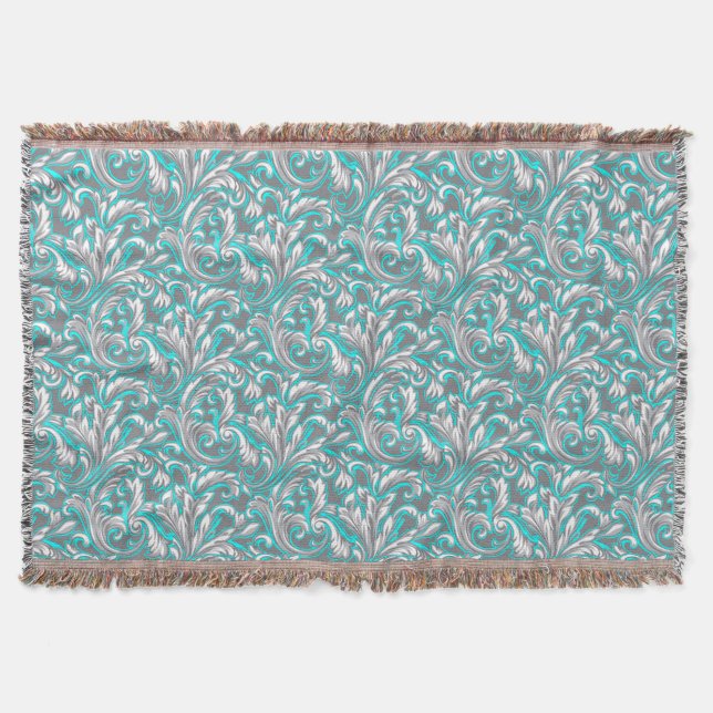 Cute aqua grey seamless floral pattern throw blanket (Front)