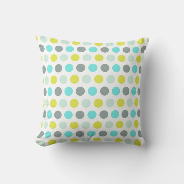 Cute Aqua Mint Blue Yellow Polka Dot Pattern Cushion (Front)