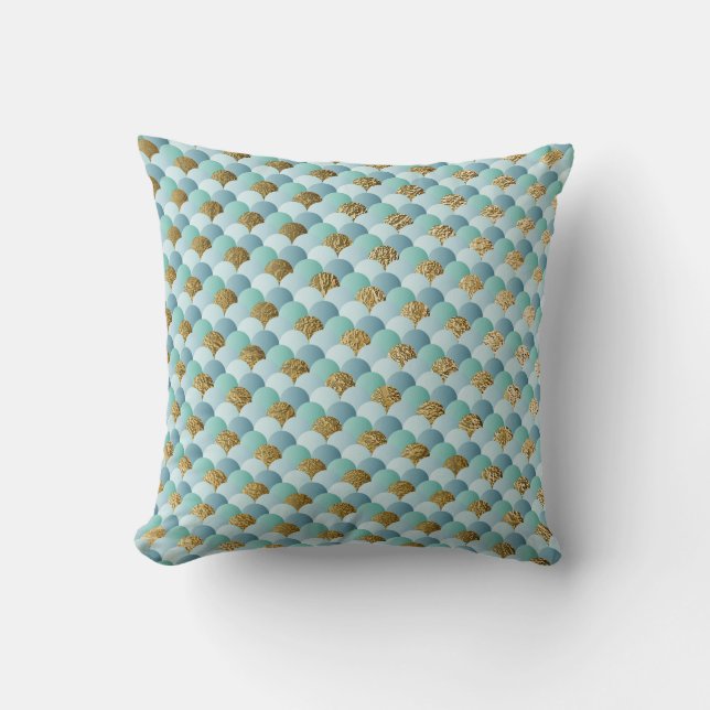 Cute Aqua Mint Gold Mermaid Scales Cushion (Front)