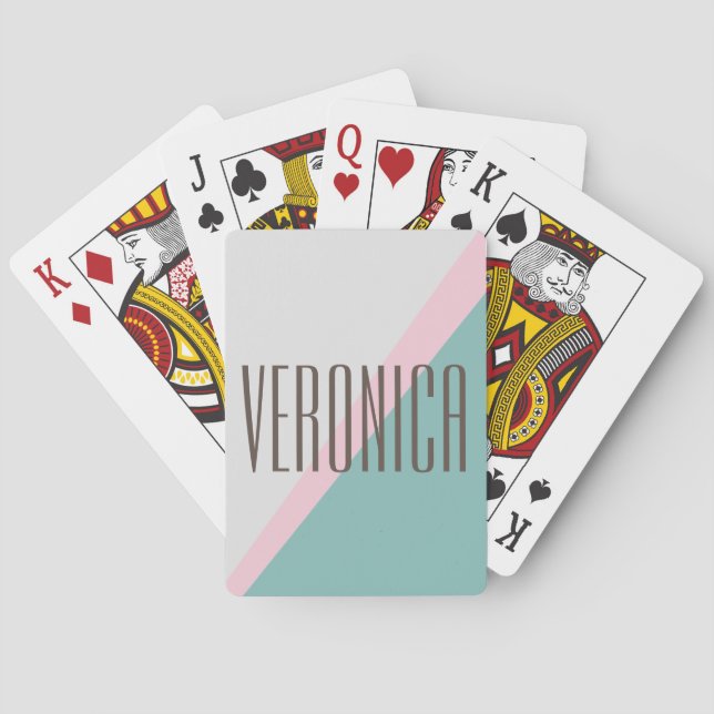 Cute Aqua Pink Geometric Personalised Name Chic Playing Cards (Back)