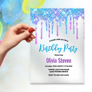 Cute Aqua purple Glitter Drips monogram birthday  Acrylic Invitations