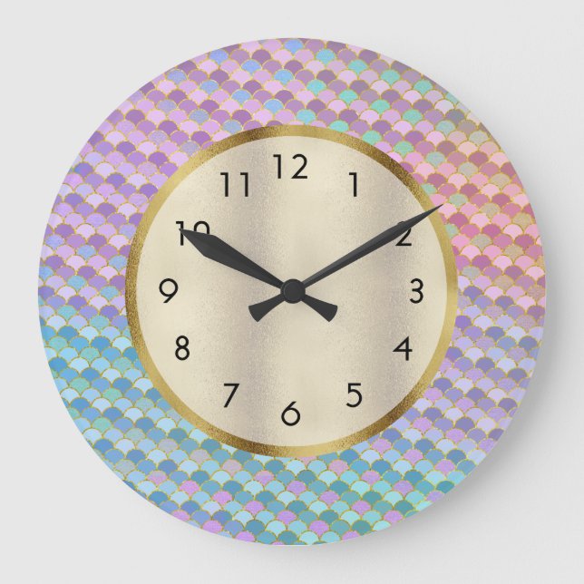 Cute Aqua Purple Pink Blue Mermaid Scales Large Clock (Front)