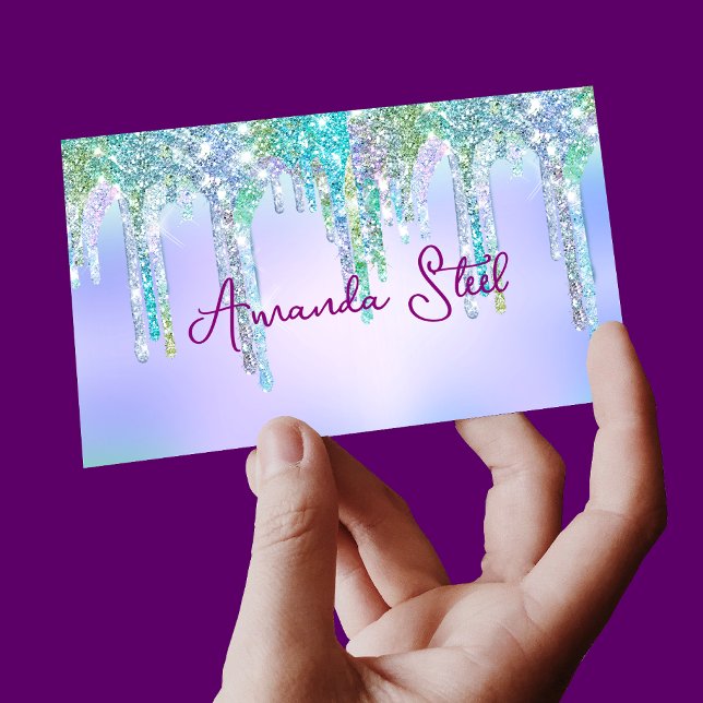 Cute Aqua Turquoise Unicorn Glitter Drips monogram Business Card (Creator Uploaded)