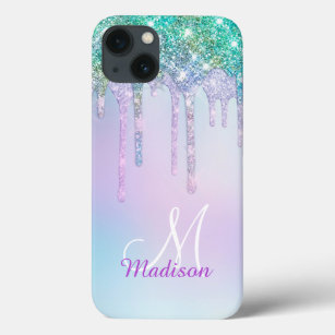 Cute Aqua Turquoise Unicorn Glitter Drips monogram Case-Mate iPhone Case