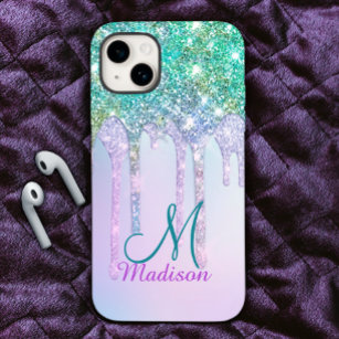 Cute Aqua Turquoise Unicorn Glitter Drips monogram Case-Mate iPhone 14 Case