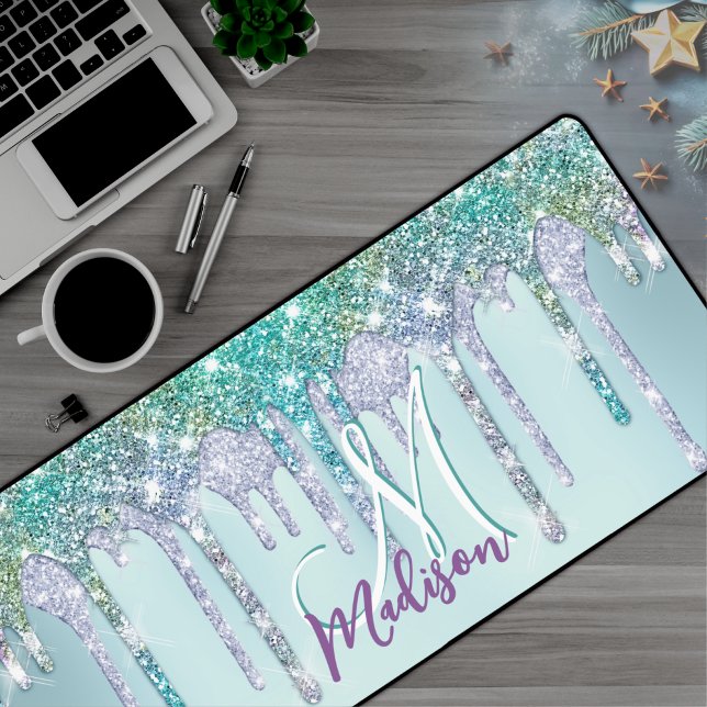 Cute Aqua Turquoise Unicorn Glitter Drips monogram Desk Mat (Creator Uploaded)