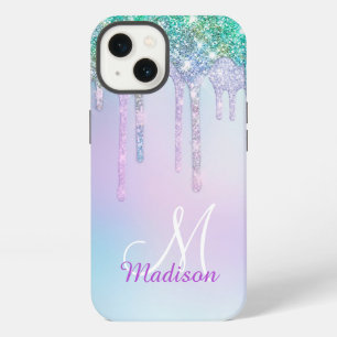 Cute Aqua Turquoise Unicorn Glitter Drips monogram iPhone 13 Case
