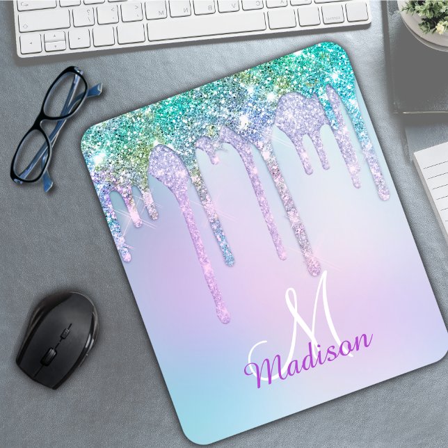Cute Aqua Turquoise Unicorn Glitter Drips monogram Mouse Mat (Creator Uploaded)