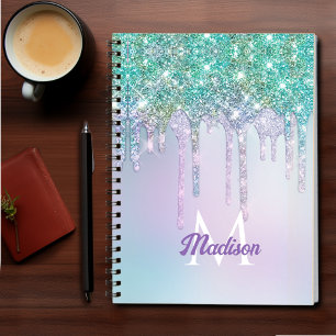 Cute Aqua Turquoise Unicorn Glitter Drips monogram Notebook