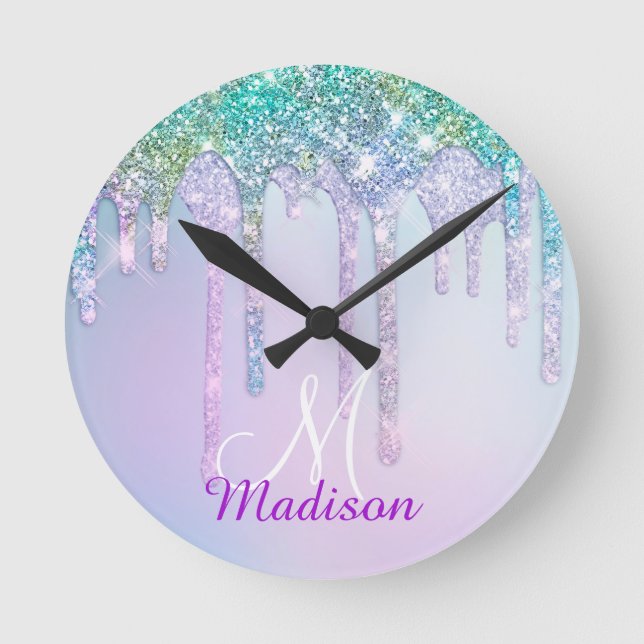 Cute Aqua Turquoise Unicorn Glitter Drips monogram Round Clock (Front)