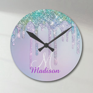 Cute Aqua Turquoise Unicorn Glitter Drips monogram Round Clock