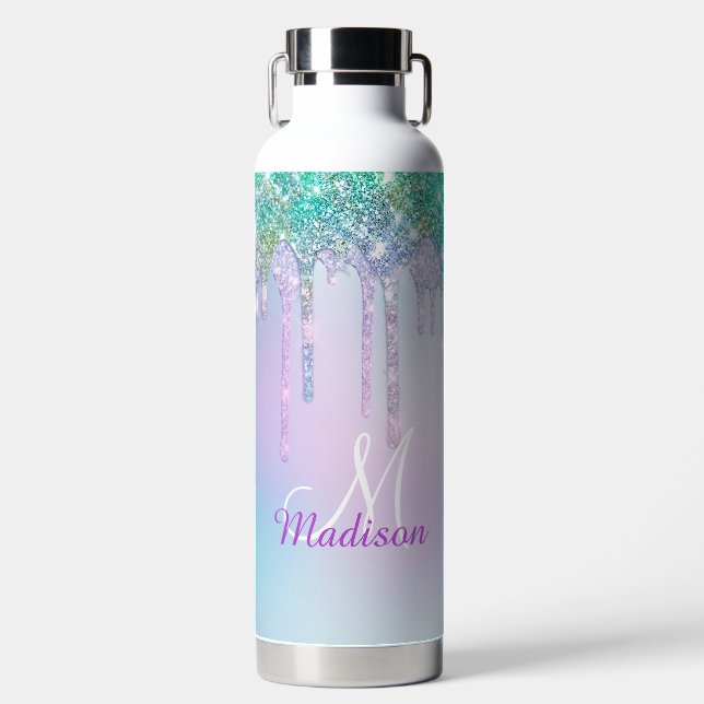 Cute Aqua Turquoise Unicorn Glitter Drips monogram Water Bottle (Front)