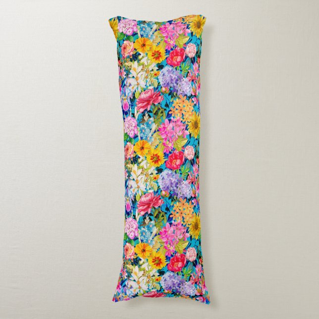 Cute aqua yellow elegant Floral pattern Body Cushion (Front Vertical)